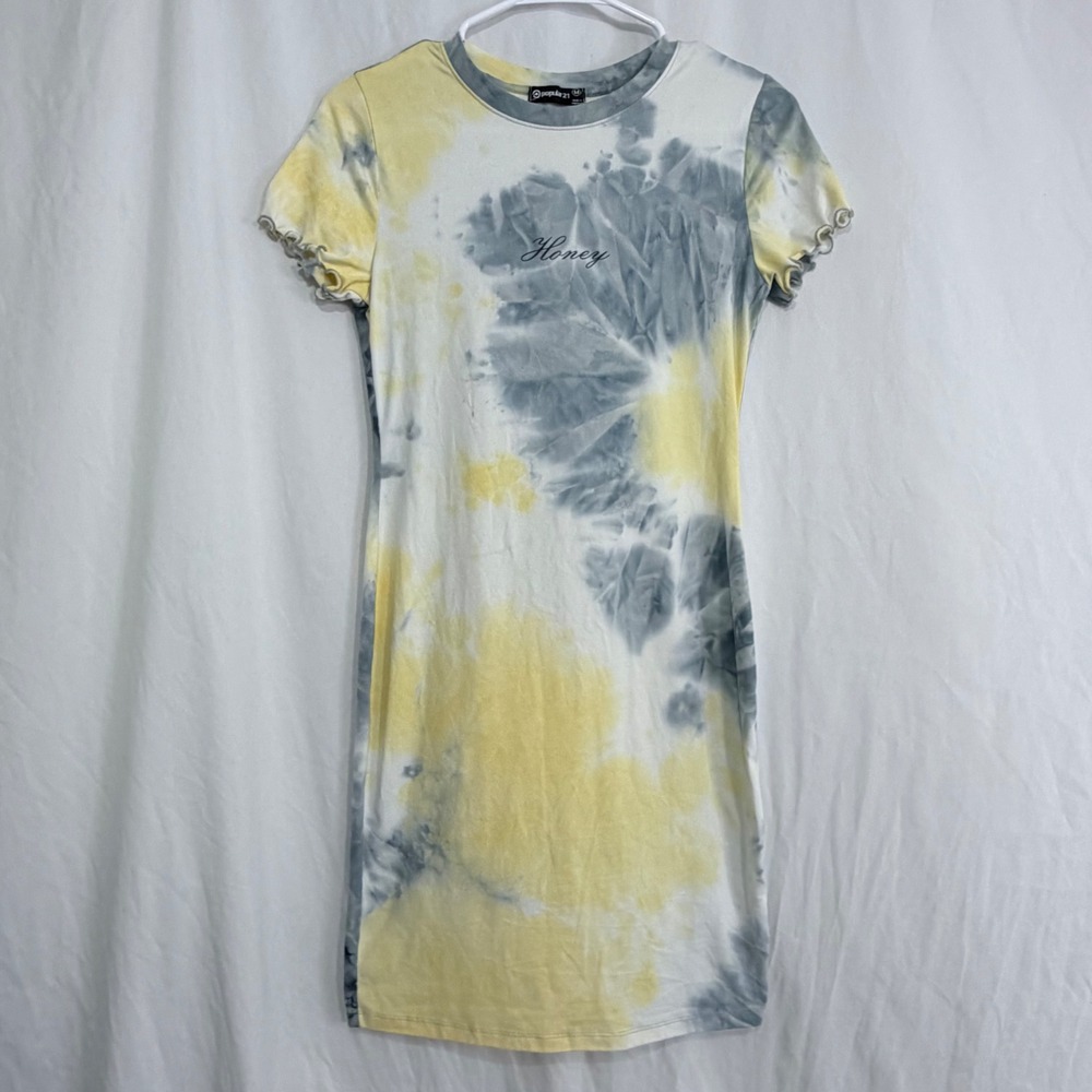 Popular 21 Tie Dye Bodycon Dress "Honey" Graphic Short Sleeve‎ Mini Dress